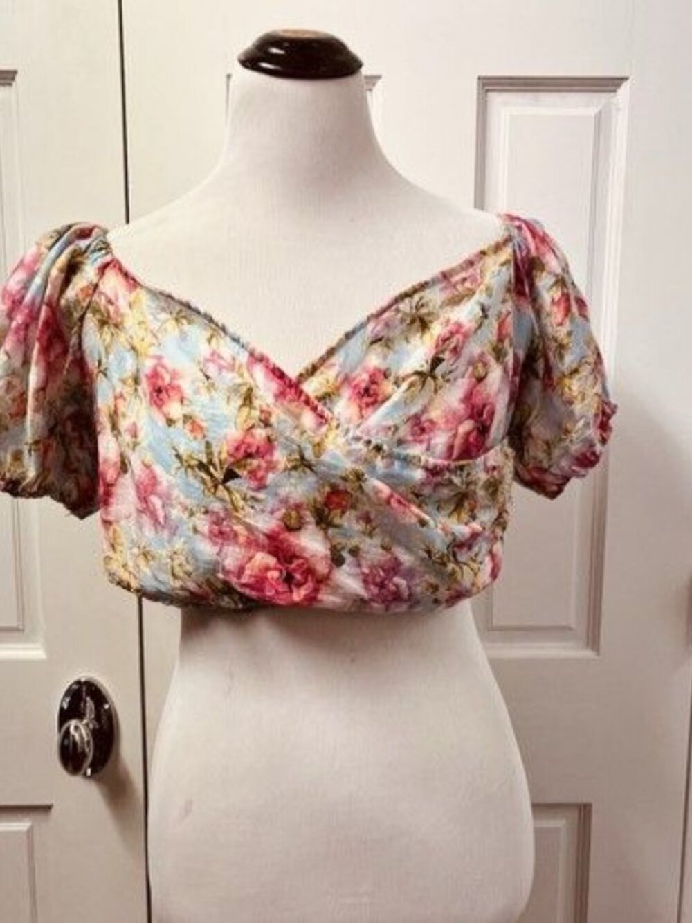 Shein Size XL Crop Top Blue Pink Floral Roses Faux Wrap Short Sleeve Romantic